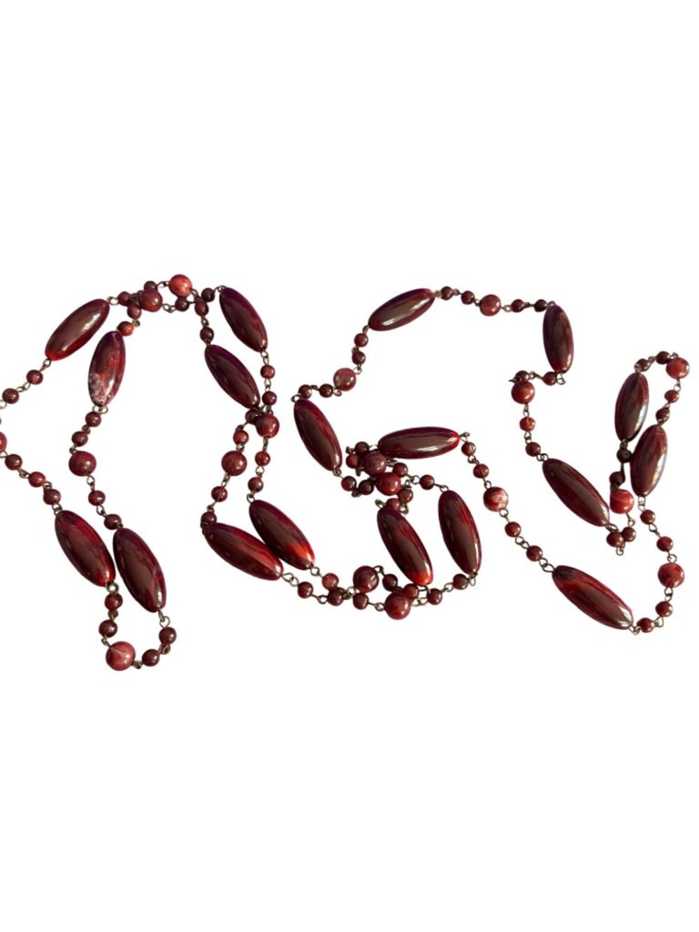 Vintage Deep Red Marbled Bead Necklace Long Chunky Oval Round Beads 70" No Clasp